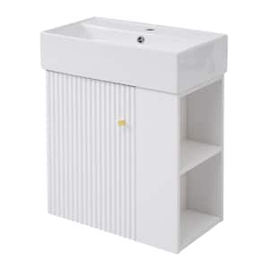 21.6 in. W x 12.2 in. D x 26.4 in. H Single Floating Bathroom Vanity in White with White Ceramic Top (Right Side Shelf)