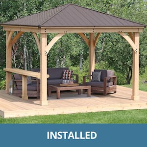 Professionally Installed Meridian 12 ft. x 12 ft. Cedar Shade Gazebo with a 12 ft. Bar Counter and Brown Aluminum Roof