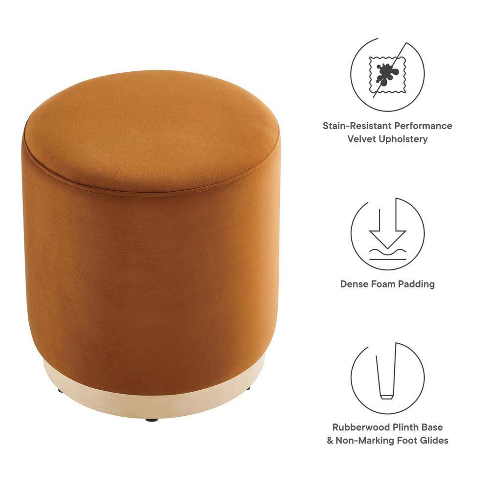 Tilden 16" Round Rust Velvet Upholstered Ottoman with Rubberwood Base