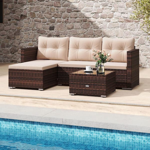 2-Piece Wicker Patio Conversation Set with Tempered Glass Coffee Table & Soft Beige Cushions