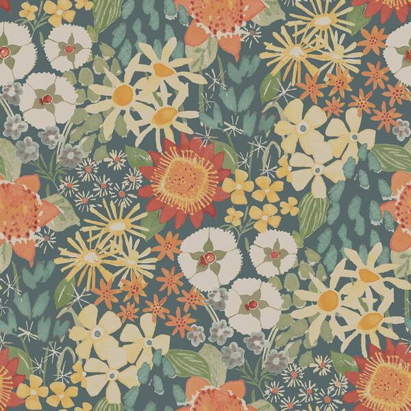 A-Street Prints Karina Teal Wildflower Garden Paper Glossy Non-Pasted Wallpaper Roll
