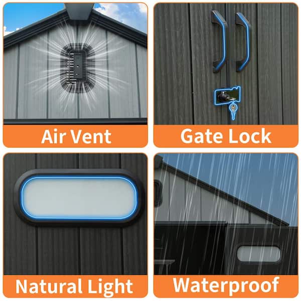 8 ft. W x 10 ft. D Resin Shed with Lockable Door and Windows and Vents, Outside Tool Storage Sheds in Grey (78 sq. ft. )