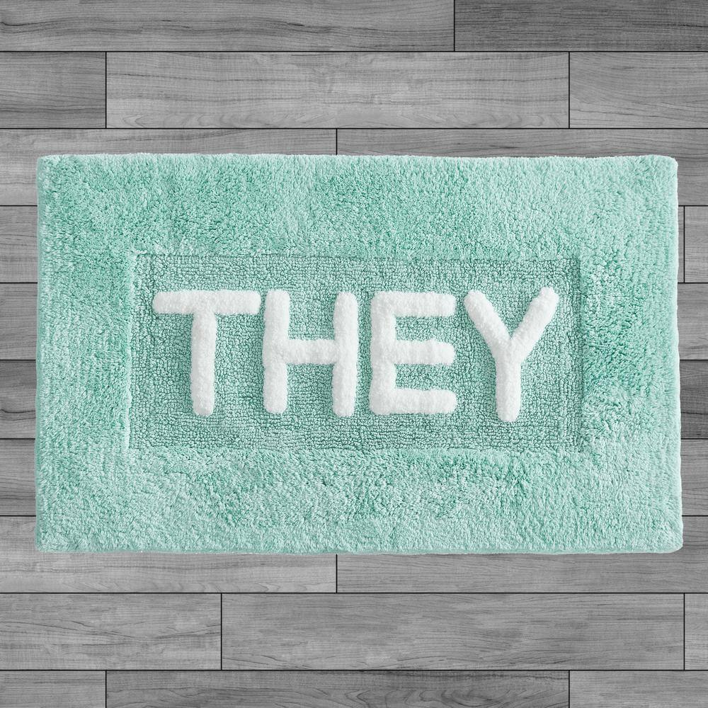 Aqua Cotton Bath Rug with 'They' Pattern, 21" x 34"