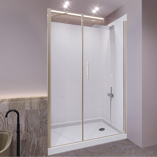 NuVo Winter White-Salishan 48 in. L x 34 in. W x 83 in. H Base/Wall/Door Rectangular Alcove Shower Stall/Kit Nickel Center
