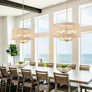 Arwen 20 in. 6-Light Bohemian Rattan Chandelier, Adjustable Brass Pendant for Coastal, Boho, Art Deco, Glam Interiors