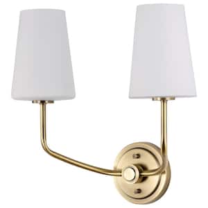 Cordello 16 in. 2-Light Vintage Brass Traditional Wall Sconce with Etched White Opal Glass Shade