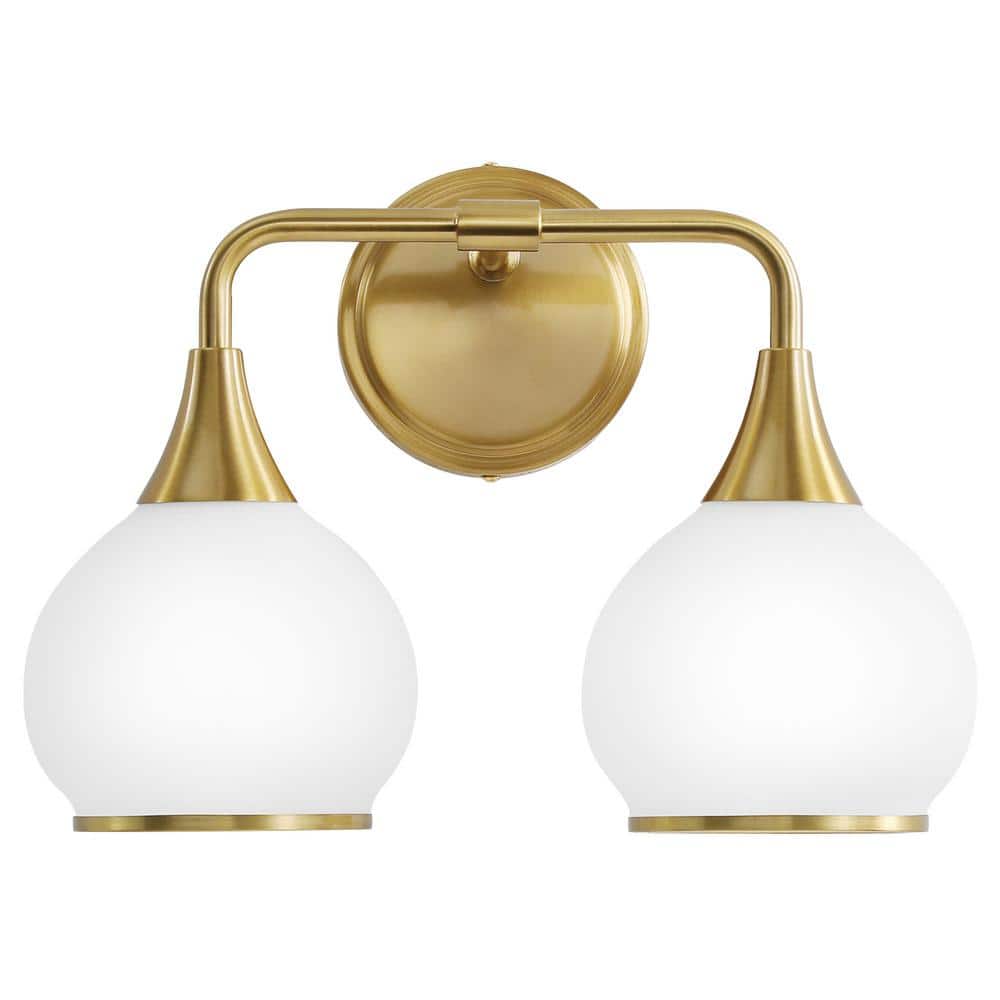 KAISITE 14 in. 2 Light Brushed Gold Vanity Light With White Globe Glass Shades Farmhouse Wall ...