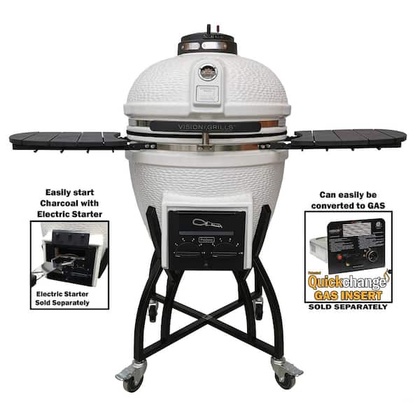 Vision Grills 22 in. Kamado S-Series Ceramic Charcoal Grill in White with Cover, Cart, Side Shelves, Two Cooking Grates and Ash Drawer