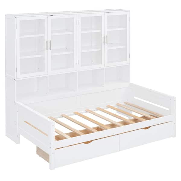 White Twin Size Daybed with 2 Drawers, Built-in LED Lighting and Storage Cabinets