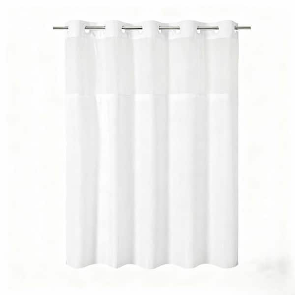 71 in. W x 74 in. L Linen Fabric No Hooks Linen Textured Shower Curtain for Bathroom with Mesh Top Window in White