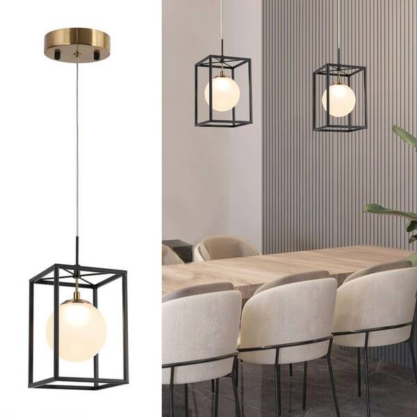 Modern Minimalist 1-Light Black Cage Pendant Light with White Globe Glass, Brass LED Hanging Pendant Light Fixture