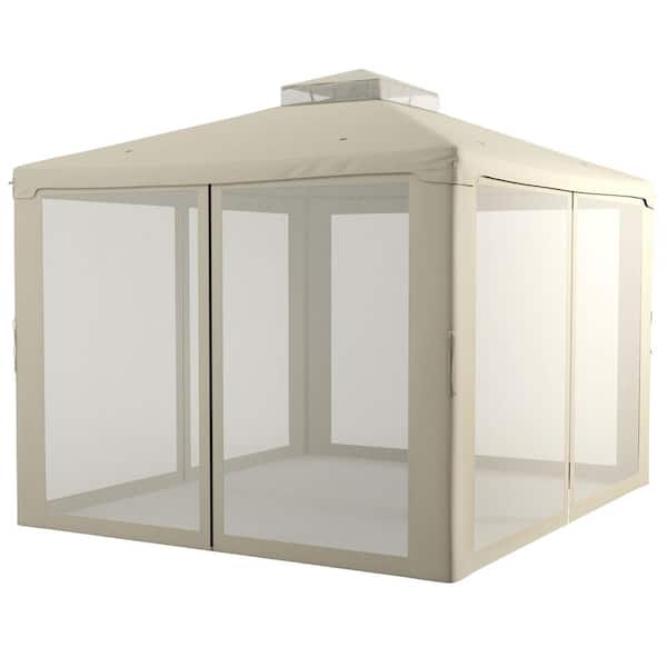 Sudzendf 11.5 ft. x 9.5 ft. Cream White Patio Gazebo, Outdoor Canopy Shelter with 2-Tier Roof and Netting, Steel Frame