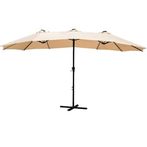 15 ft. Market Double-Sided Crank Rectangle Patio Umbrella with Solar LED Lighted in Khaki