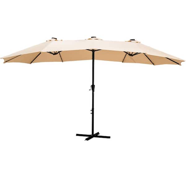 OVASTLKUY 15 ft. Market Double-Sided Crank Rectangle Patio Umbrella with Solar LED Lighted in Khaki