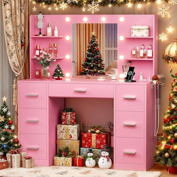 Makeup Vanity with Lights in 3-Colors, Vanity Desk with Large Mirror, Drawers and Shelves, Pink