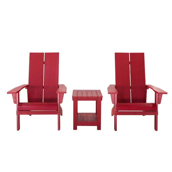 Mondawe 3-Piece Red Outdoor Patio All-Weather Plastic Wood Adirondack Bistro Set 2 Chairs 1 Side End Table Set for Deck