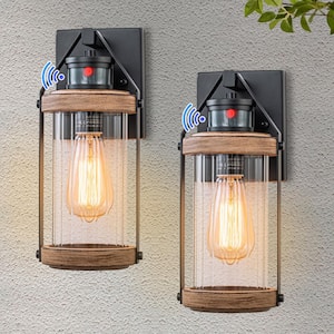 Black and Woodgrain Motion Sensing Dusk to Dawn Outdoor Hardwired Wall Lantern Sconces with No Bulbs Included(2-Pack)