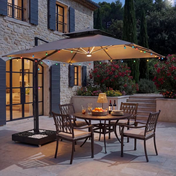 corner patio umbrella Mondawe 10 ft. x 10 ft. Square Double Top Aluminum Cantilever Patio Umbrella in Taupe with LED Lights and Corner Hooks