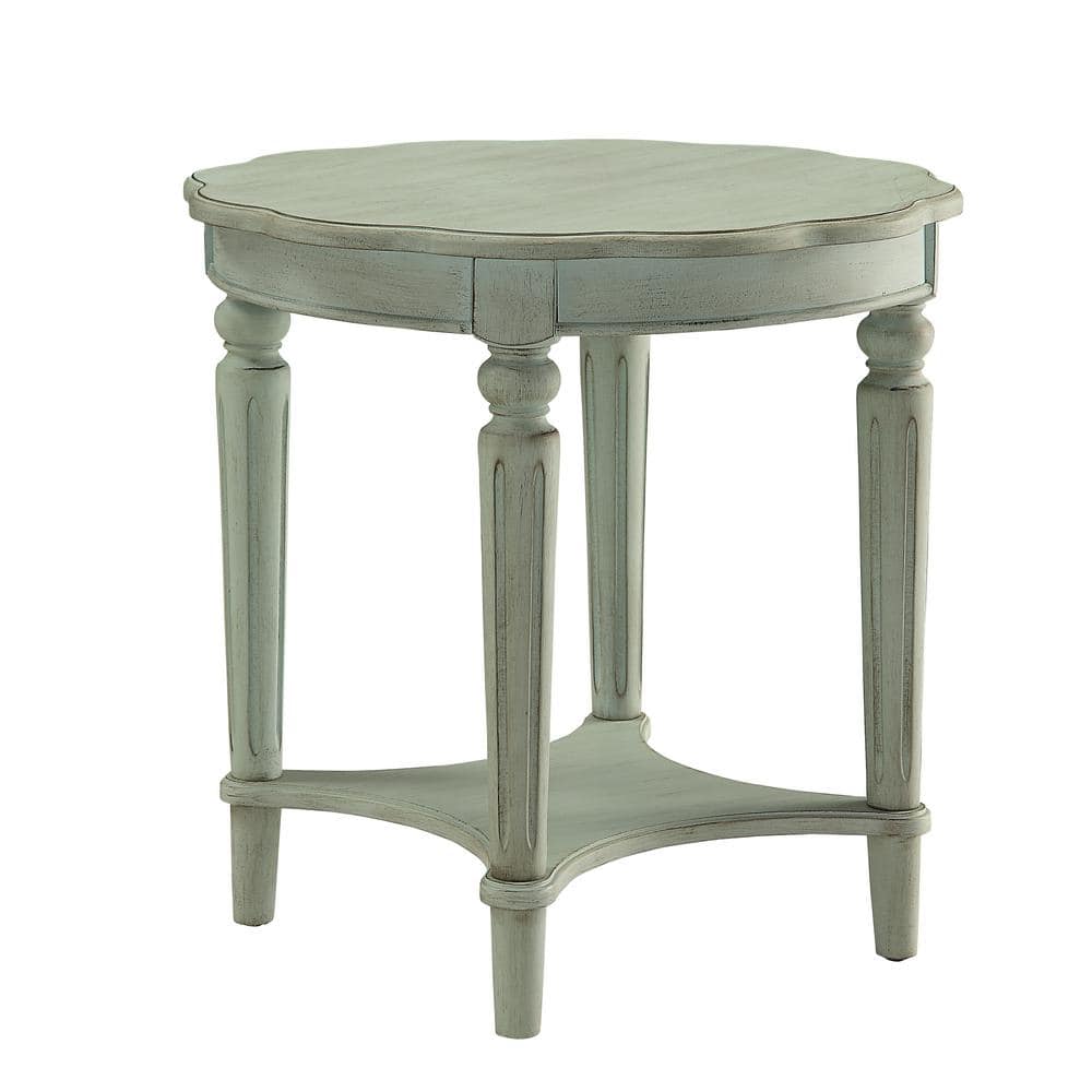 Antique Green Round Wooden End Table with Metal Accents