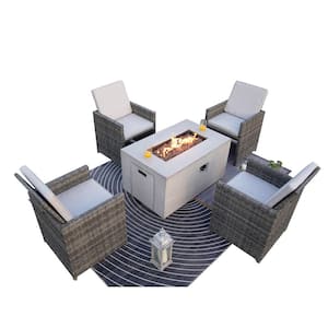 Fort 5-Pieces Rock and Fiberglass Fire Pit Table Conversation Set with 4 Gray Wicker Chairs with Gray Cushions
