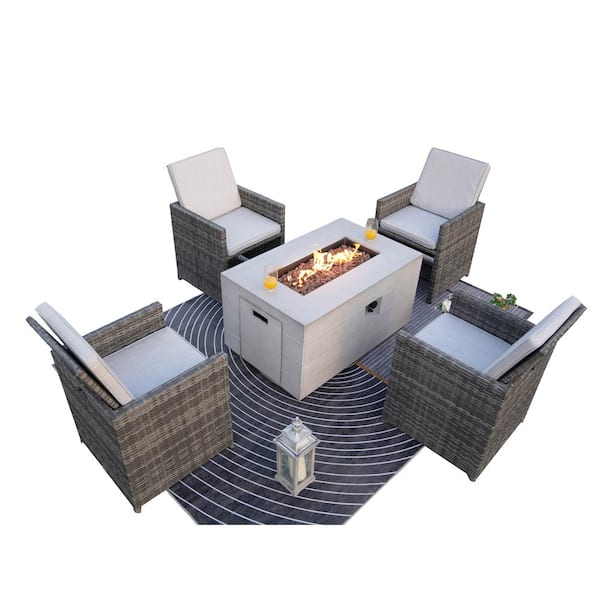 moda furnishings Fort 5-Pieces Rock and Fiberglass Fire Pit Table Conversation Set with 4 Gray Wicker Chairs with Gray Cushions