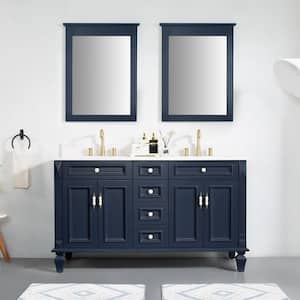 60 in. W x 22 in. D x 35 in. H Double Sink Solid Wood Bath Vanity in Navy with Stain-Resistant Quartz Top and 2 Mirror