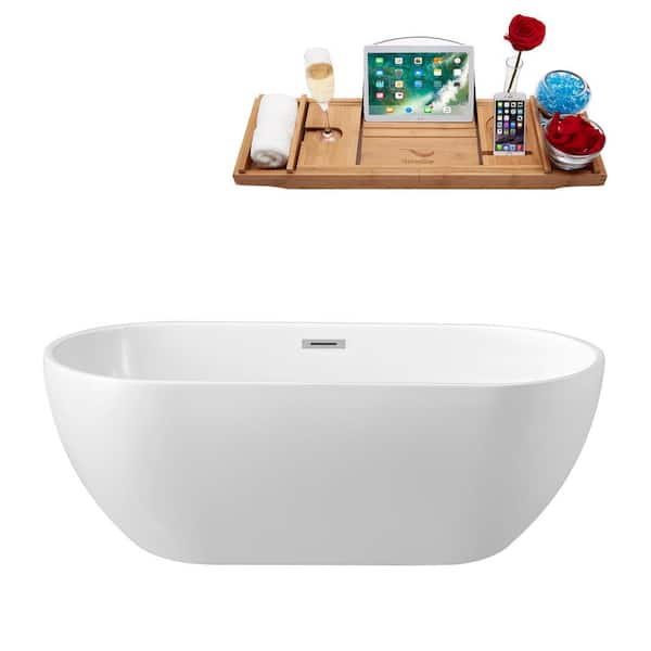Streamline 59.1 in. Acrylic Flatbottom Non-Whirlpool Bathtub in Glossy White with Polished Chrome Drain and Overflow Cover