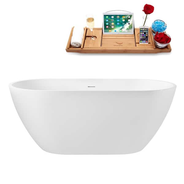 Streamline 59 in. x 29 in. Acrylic Freestanding Soaking Bathtub in Glossy White with Matte Oil Rubbed Bronze Drain, Bamboo Tray