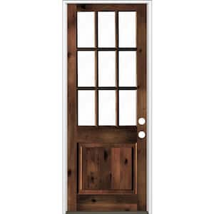 42 in. x 96 in. Rustic Knotty Alder Red Mahogany Stain Left-Hand Clear Low-E Glass 9-Lite Wood Single Prehung Front Door