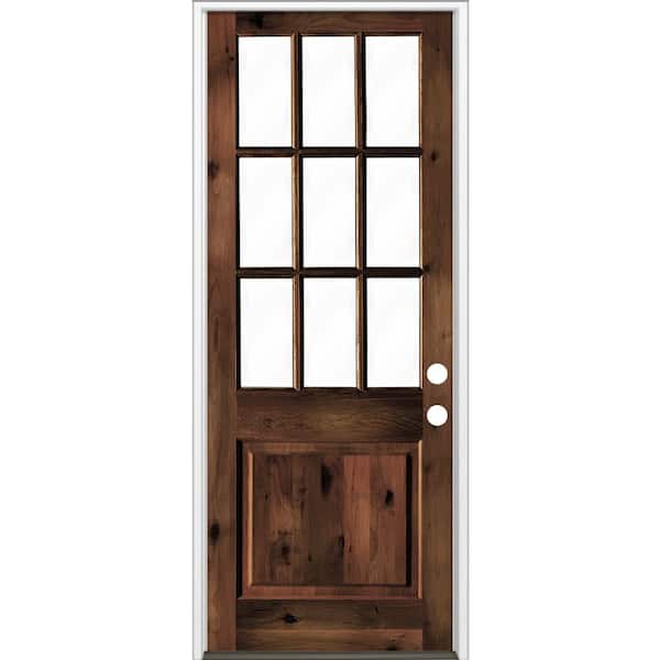 Krosswood Doors 42 in. x 96 in. Rustic Knotty Alder Red Mahogany Stain Left-Hand Clear Low-E Glass 9-Lite Wood Single Prehung Front Door