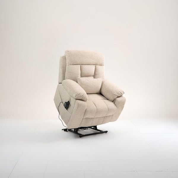 Beige Velvet Dual Motor Lift Recliner with Heating and Massage Functions Electric Lift Chair with 2 Pocket Cup Holders