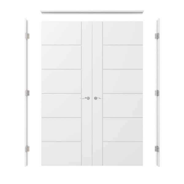 56 in. x 80 in. 6 Panel Flush Universal-Handed Painted Solid Core Wood Double Prehung French Door + Quick Assemble Jamb