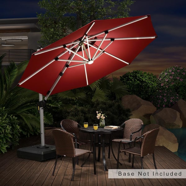 PURPLE LEAF 10 ft. Octagon Solar Powered LED Patio Umbrella Outdoor Round Large Cantilever Umbrella Heavy-Duty Sun Umbrella in Terra