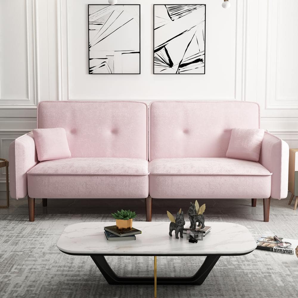 75 in. Pink Fabric Upholstered Twin Size Sofa Bed with 2Pillows 3