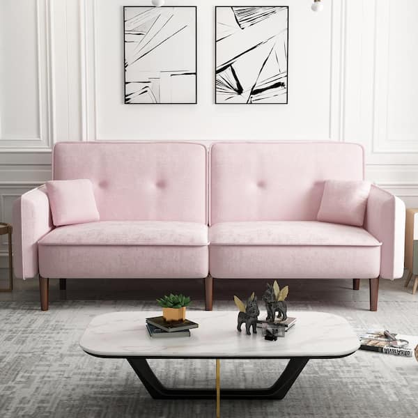 Unbranded 75 in. Pink Fabric Upholstered Twin Size Sofa Bed with 2-Pillows 3-Adjustable Modes 2-Pockets 6-Solid Wood Legs