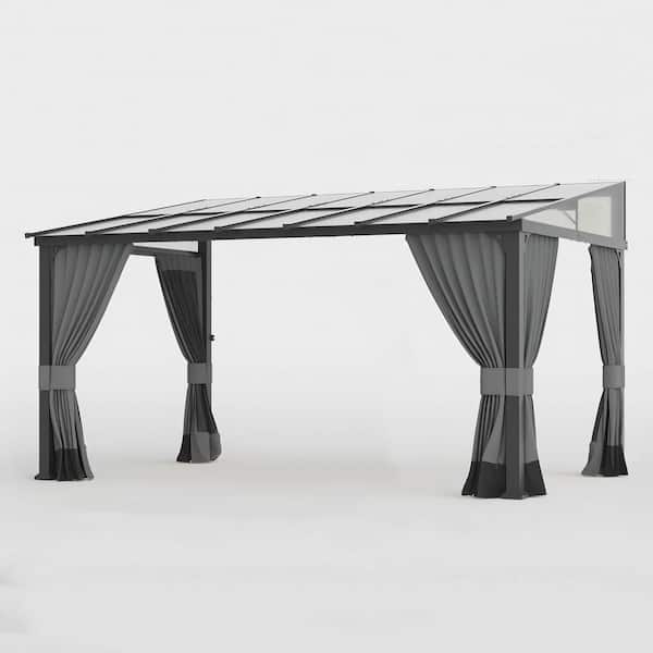 Halmuz 10 ft. x 14 ft. Gray Hardtop Sloping Pitched Roof Gazebo with Curtain Grey