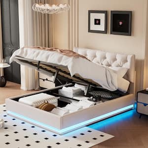 Beige Wood Frame Queen Linen Upholstered Platform Bed with Hydraulic Storage System, LED Lights, Button-Tufted Design