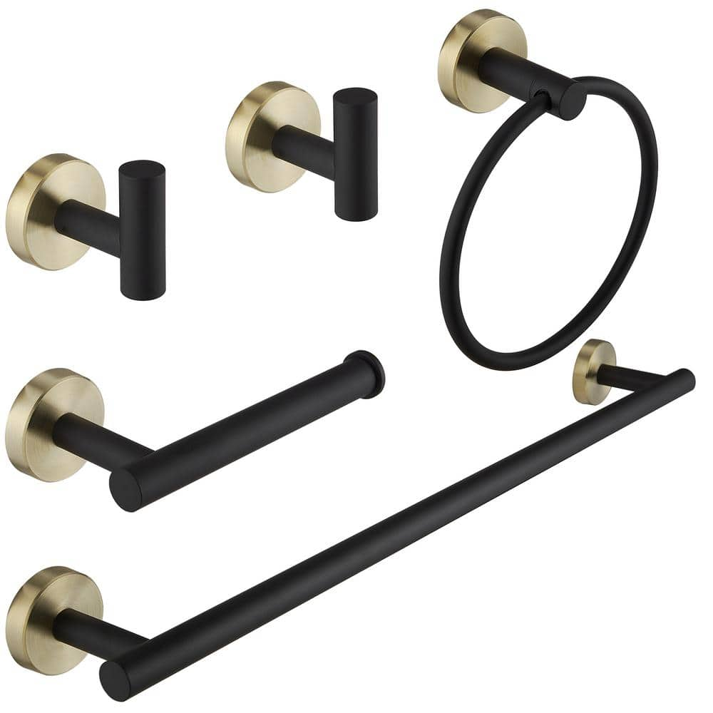 Bathroom Hardware Set 5-Piece Bath Hardware Set with Towel Bar, Towel Ring, Robe Hook, Toilet Paper Holder in Black Gold -  HOMEMYSTIQUE, NBHS015BG