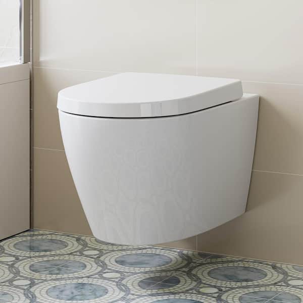WaterSence Elongated Compact Wall Hung Toilet Bowl Only in White, Soft Close Seat Included
