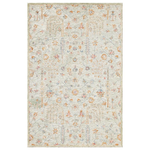 LR Home Glenis Green/Cream/Taupe 5 ft. x 7 ft. 9 in. Traditional Floral Garden Wool Hand Tufted Area Rug