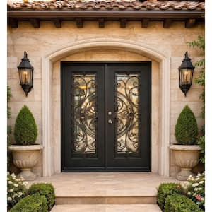 74 in. x 96 in. 2-Panel Right-Hand/Inswing Operable Straight Frosted Glass Dark Bronze Finish Iron Prehung Front Door