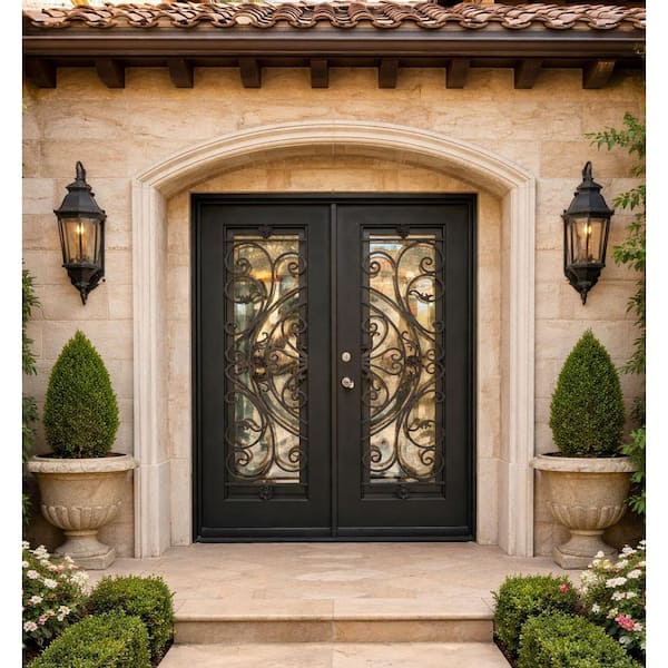 74 in. x 96 in. 2-Panel Right-Hand/Inswing Operable Straight Frosted Glass Dark Bronze Finish Iron Prehung Front Door