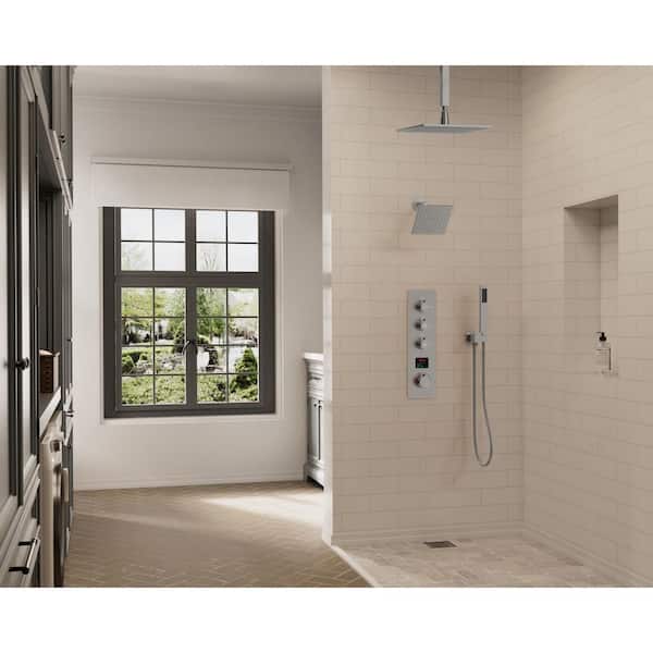 Smart LED And Temp with Valve 7-Spray Ceiling Mount 12 in. Fixed and Handheld Shower Head 2.5 GPM in Brushed Nickel