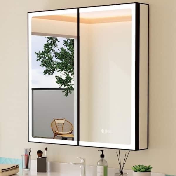 HBEZON Grand 32 in. W x 32 in. H Rectangular Aluminum Medicine Cabinet with Mirror, Dimmable, 3-Color Lighting, Anti-Fog