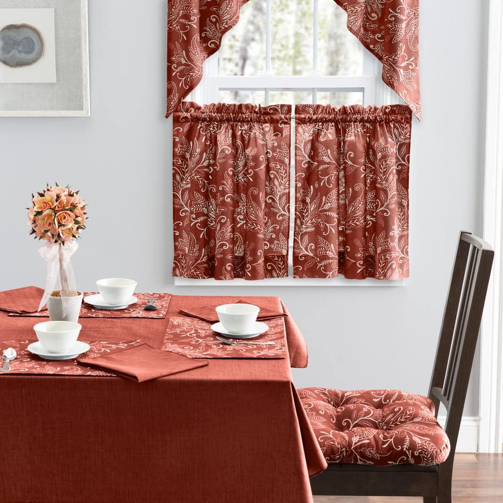 Brick Red Leaf Pattern Polyester Rod Pocket Valance