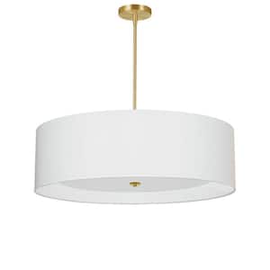 Helena 4-Light Aged Brass Shaded Pendant Light with White Fabric Shade