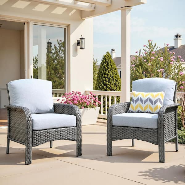 Gray Wicker Single Outdoor Lounge Chair Patio Single Dinging Chair with Light Gray Cushion for Deck, Porch (2-Pack)