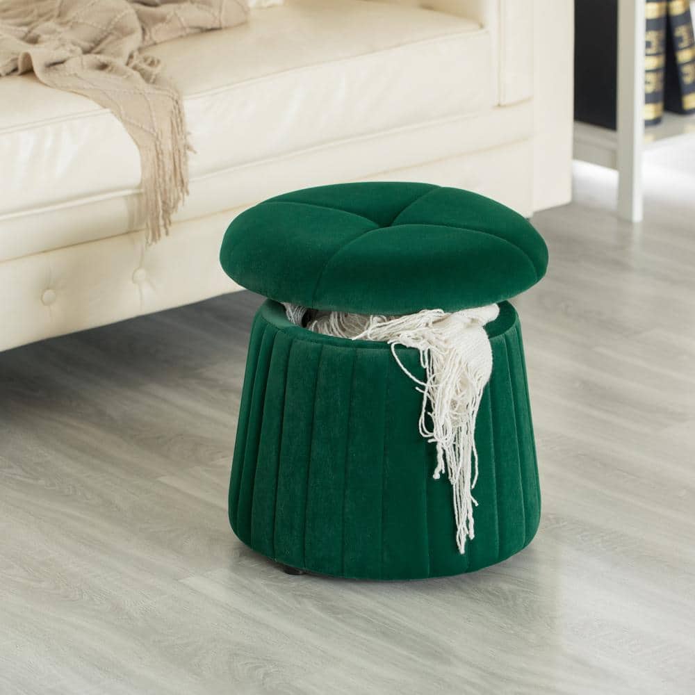 Modern Green Velvet Tufted Round Footstool with Storage