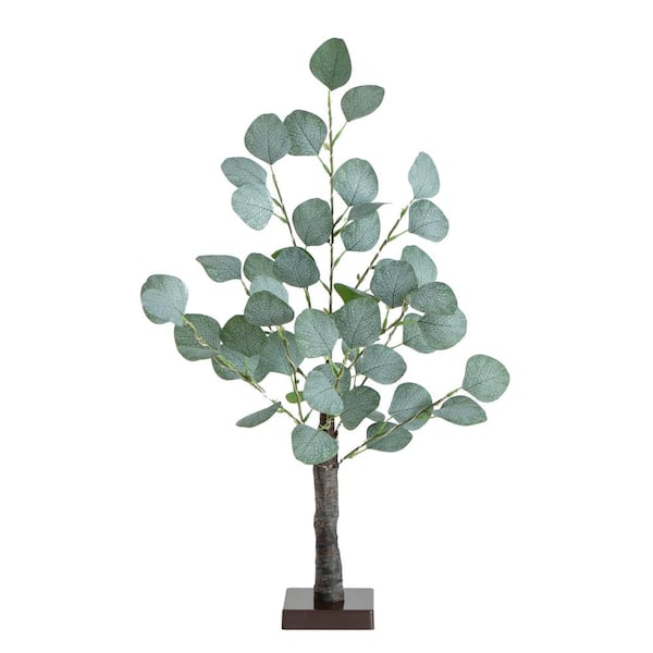 Nearly Natural 2 ft. Lighted Artificial Eucalyptus Tree with 60 Warm ...