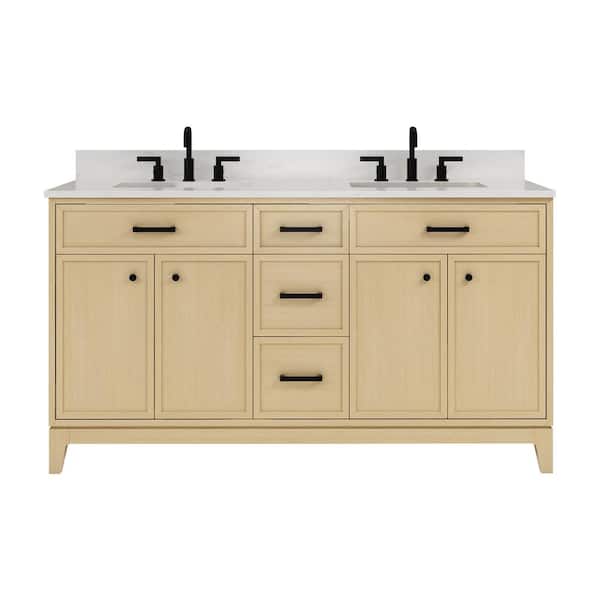 DELUXE DL LIVING Serbia 61 in. Double Sink Freestanding Oak Bath Vanity with White Engineered Stone Top and Backsplash Assembled